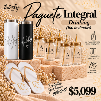 Paquete Integral para Boda | 100 Invitados · Vaso Drinking + Sandalia
