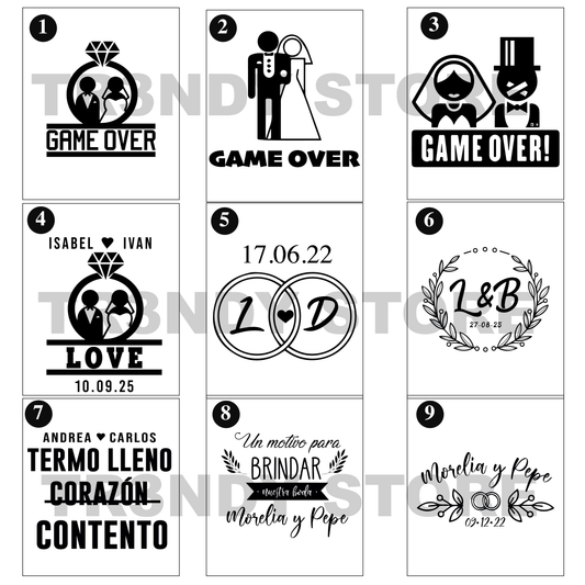 Paquete de boda 80 invitados + vasos de novios Skinny 20oz acero inoxidable