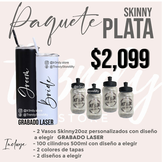 Paquete de boda Skinny Plata 100 invitados + vasos de novios skinny acero