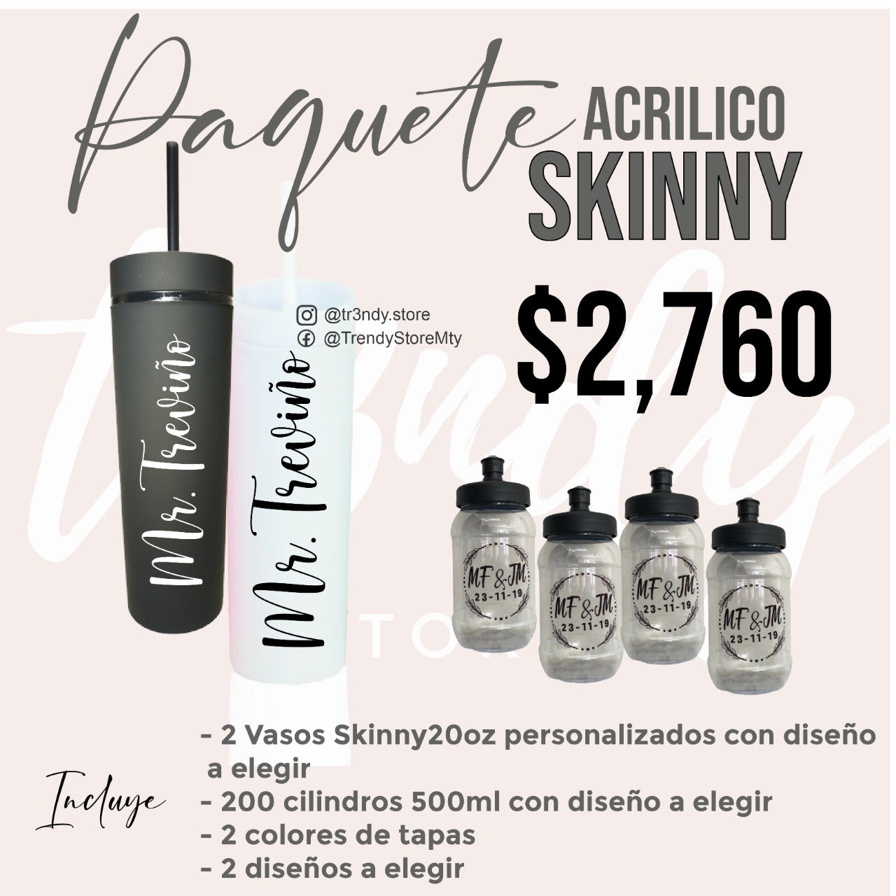 Paquete de boda skinny acrilico   200 invitados + vasos de novios 20oz acrilico
