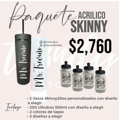 Paquete de boda skinny acrilico   200 invitados + vasos de novios 20oz acrilico