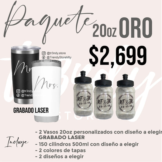 Paquete de boda 20oz oro  150 invitados + vasos de novios