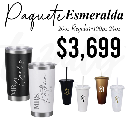 Paquete de Boda 100 Invitados | Vasos 24oz con Popote + Termos de Novios 20oz Acero