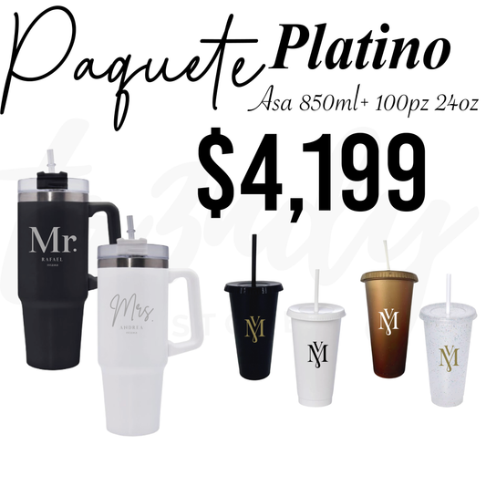 Paquete de Boda 100 Invitados | Vasos 24oz con Popote + Termos de Novios Asa 870ml