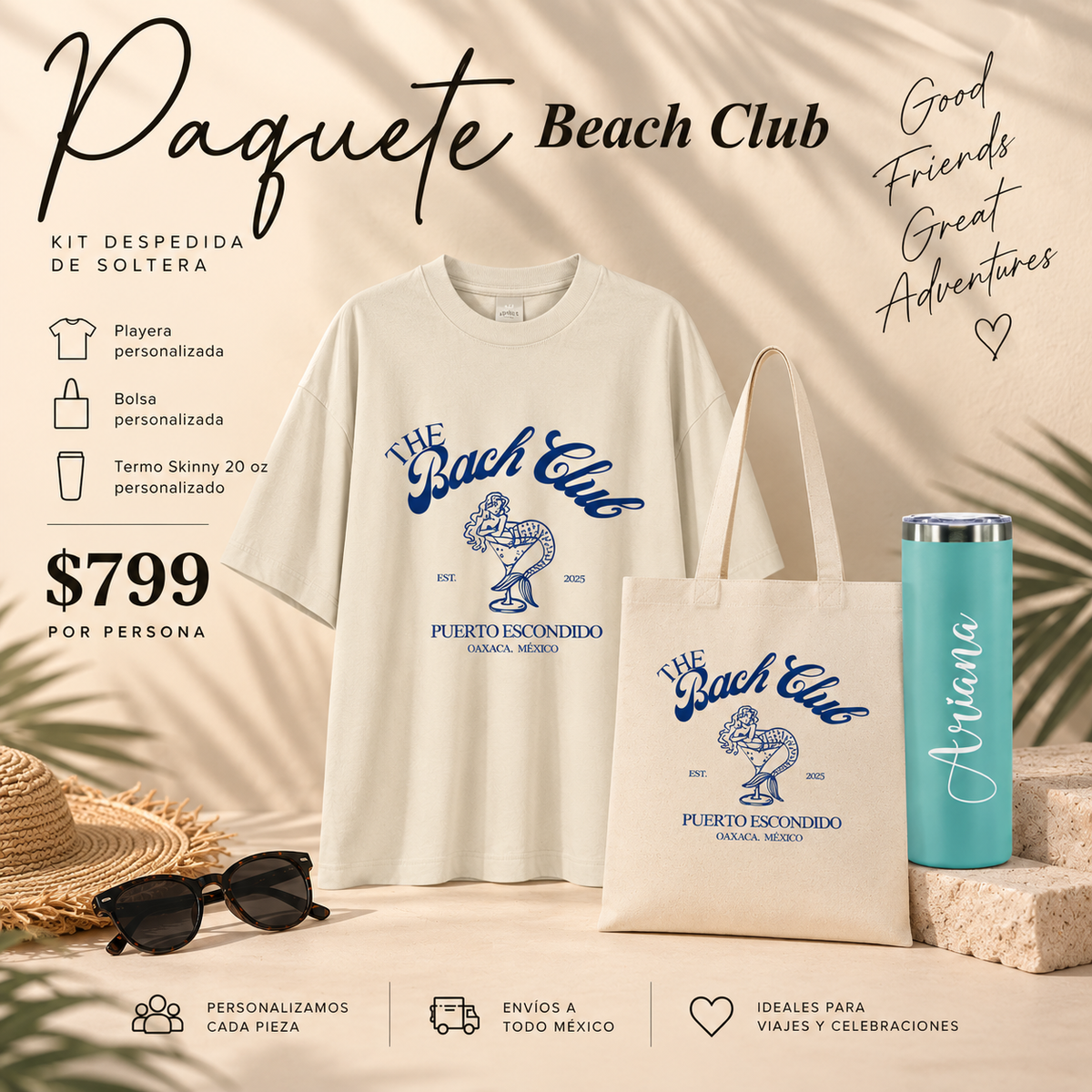 Kit Despedida de Soltera Playa | Playera + Bolsa + Termo Skinny 20 oz Personalizados · Beach Club
