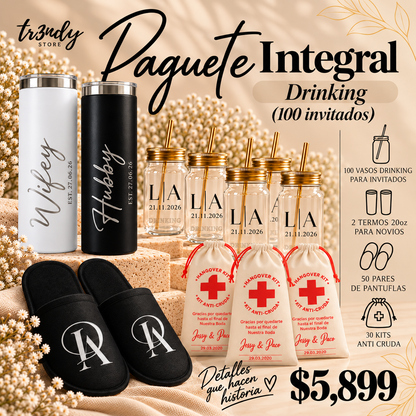 Paquete Integral para Boda | 100 Invitados · Vaso Drinking + Pantunflas