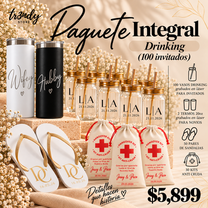 Paquete Integral para Boda | 100 Invitados · Vaso Drinking + Sandalia