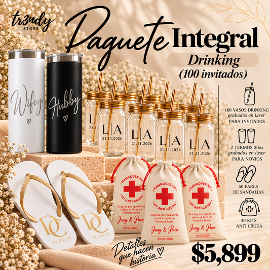 Paquete Integral para Boda | 100 Invitados · Vaso Drinking + Sandalia