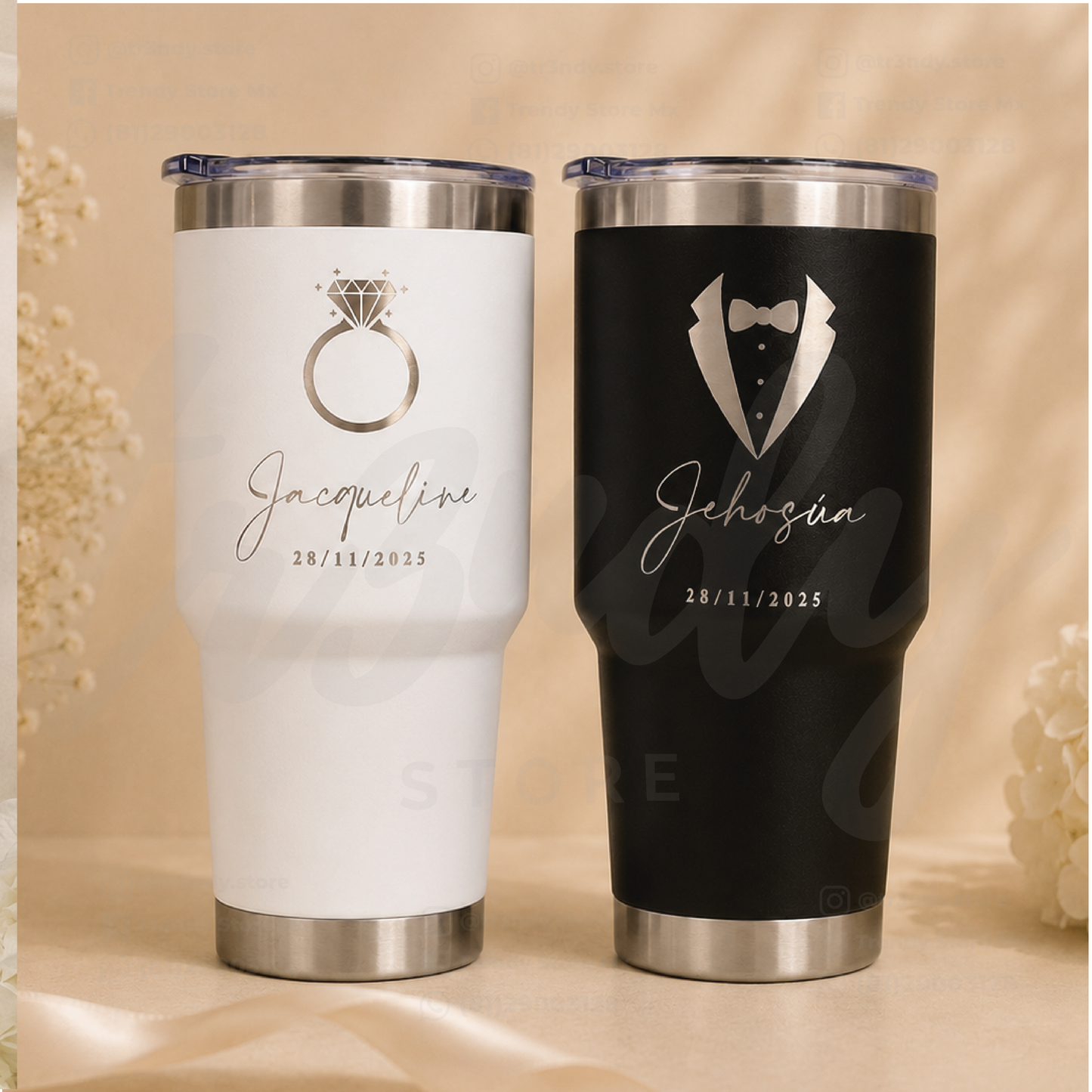 Paquete de Vasos para Boda 250 Invitados | Skinny PET 20oz + Vasos de Novios Acero 30oz