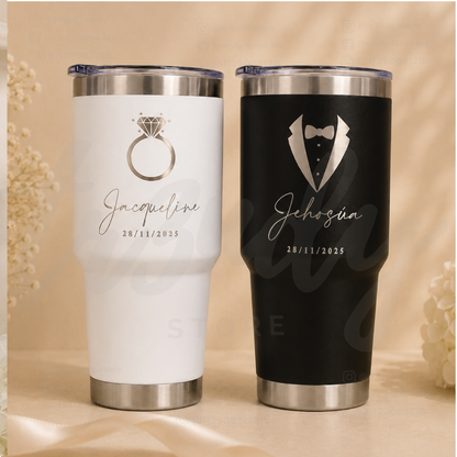 Paquete de Vasos para Boda 250 Invitados | Skinny PET 20oz + Vasos de Novios Acero 30oz