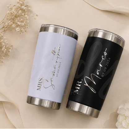 Paquete de Vasos para Boda 150 Invitados | Skinny PET 20oz + Vasos de Novios Acero 20oz Regular