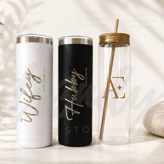 Paquete de Vasos para Boda 150 Invitados | Skinny PET 20oz + Vasos de Novios Acero 20oz Skinny
