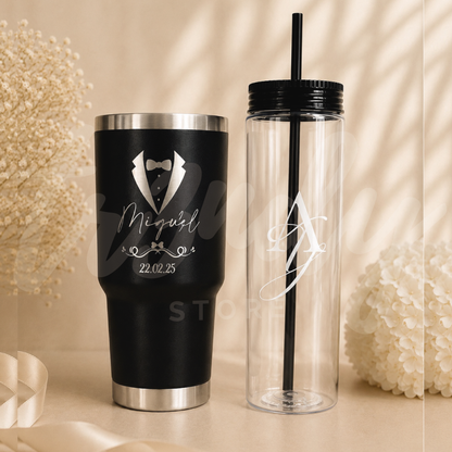 Paquete de Vasos para Boda 250 Invitados | Skinny PET 20oz + Vasos de Novios Acero 30oz