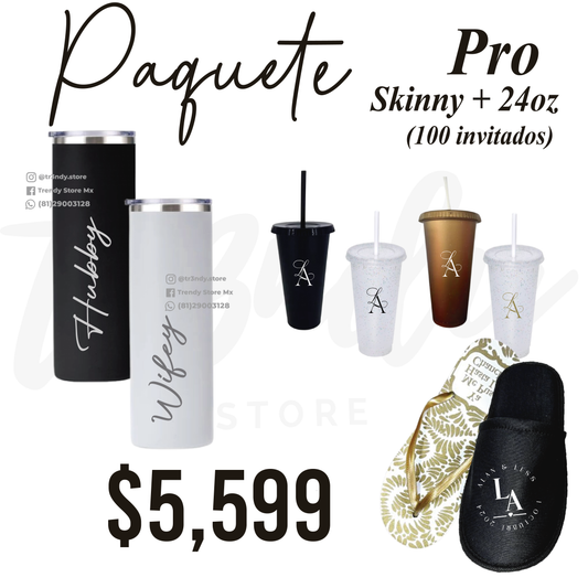 Paquete integral para boda | Vaso liberty 24oz personalizado + Pantunflas o Sandalias personalizadas para 100 invitados