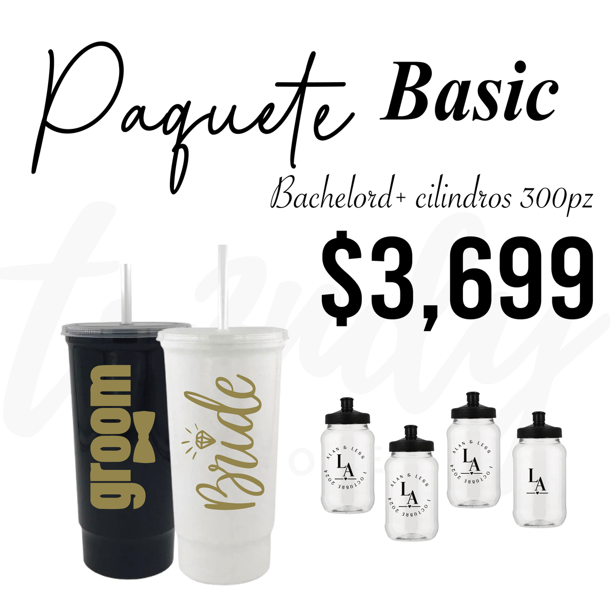 Paquete de boda 300 invitados + vasos de novios Bachelord