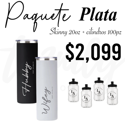 Paquete de boda 100 invitados + vasos de novios skinny 20oz acero grabado láser