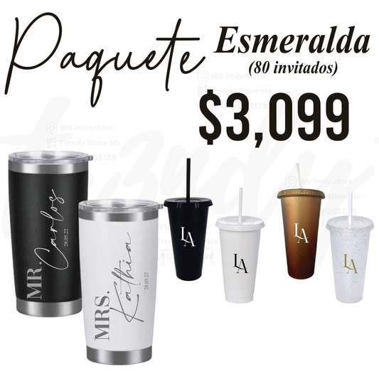 Paquete de Boda 80 Invitados | Vasos 24oz con Popote + Termos de Novios 20oz Regular
