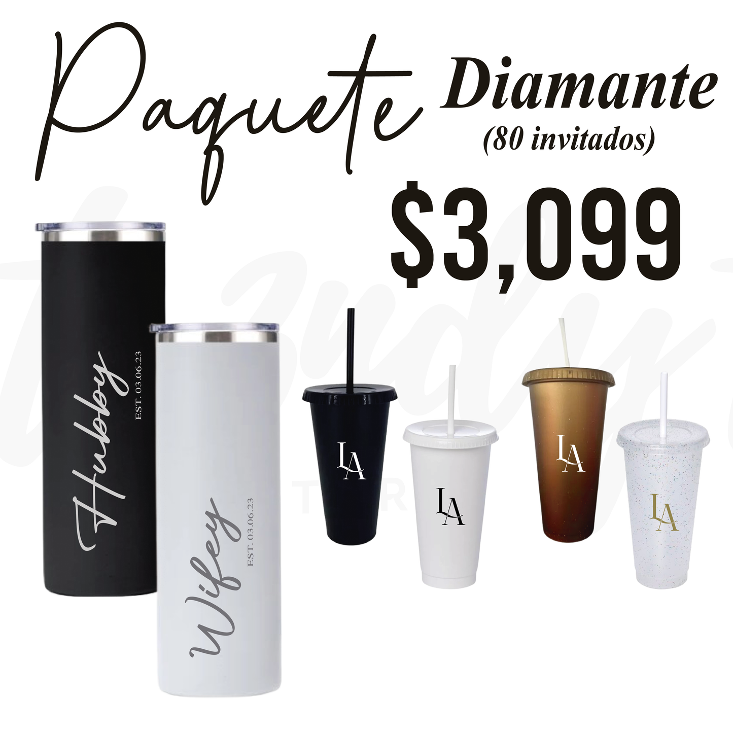 Paquete de Boda 80 Invitados | Vasos 24oz con Popote + Termos de Novios 20oz Skinny