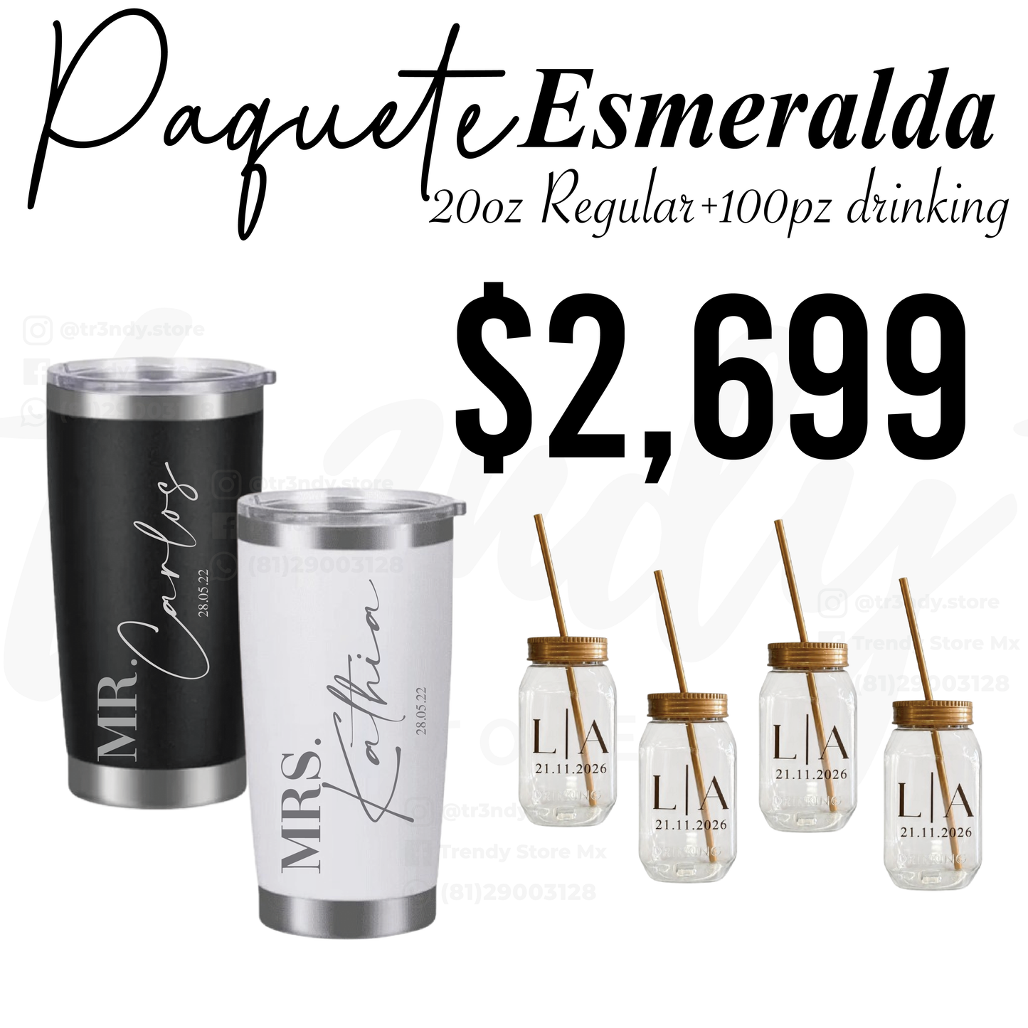 Paquete de Boda 100 Invitados | Vasos drinking 600ml con Popote + Termos de Novios 20oz Acero