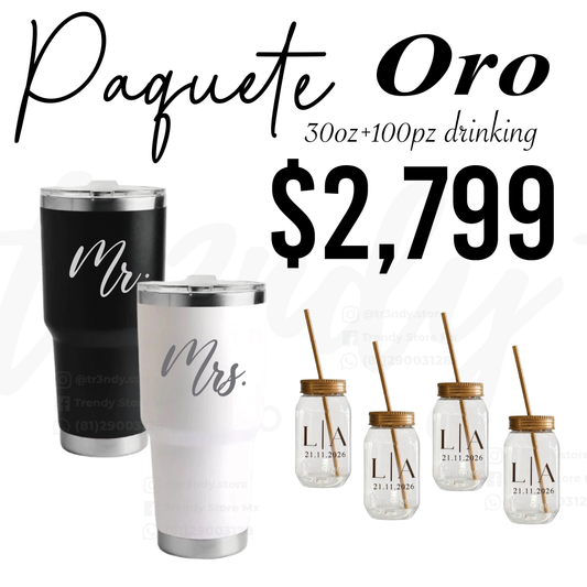 Paquete de Boda 100 Invitados | Vasos drinking 600ml con Popote + Termos de Novios 30oz Acero