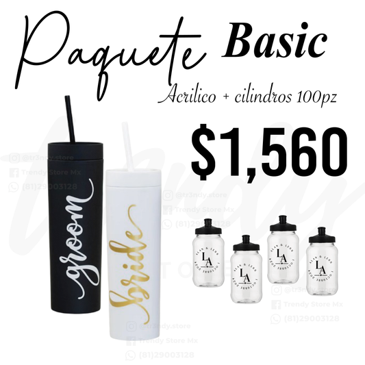 Paquete de boda skinny acrilico 100 invitados + vasos de novios 20oz acrilico