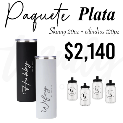 Paquete de boda 120 invitados + vasos de novios skinny 20oz acero grabado láser
