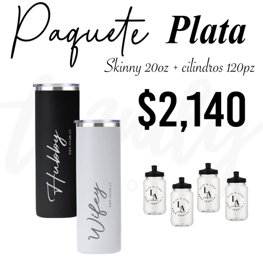Paquete de boda 120 invitados + vasos de novios skinny 20oz acero grabado láser