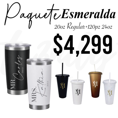 Paquete de Boda 120 Invitados | Vasos 24oz con Popote + Termos de Novios 20oz Acero