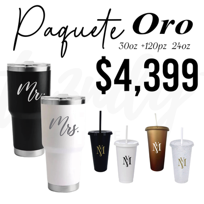 Paquete de Boda 120 Invitados | Vasos 24oz con Popote + Termos de Novios 30oz Acero
