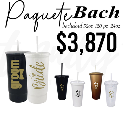 Vasos de invitados 24oz popote + vasos de los novios para 120 invitados
