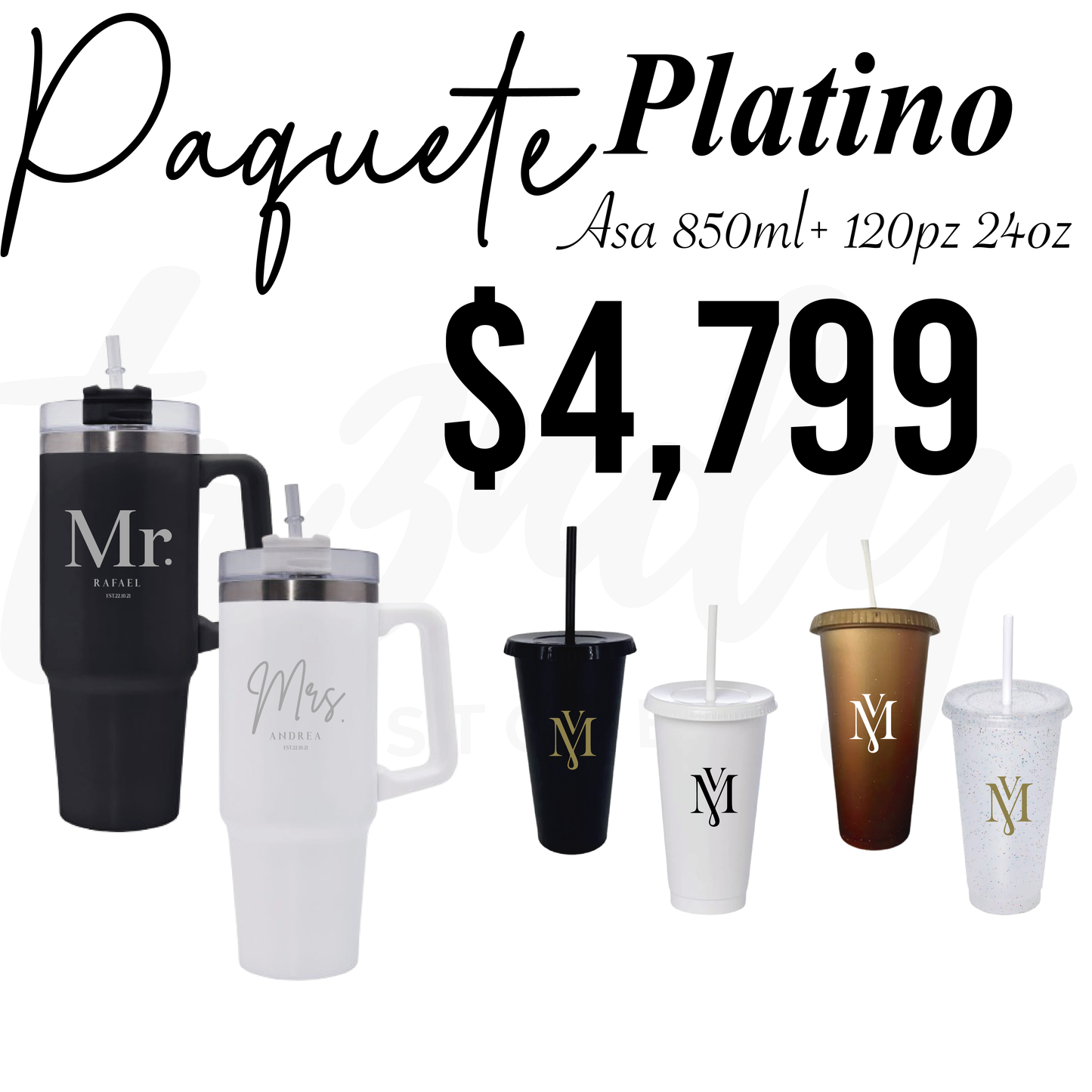 Paquete de Boda 120 Invitados | Vasos 24oz con Popote + Termos de Novios Asa 870ml