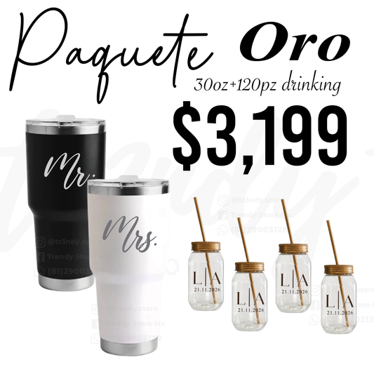 Paquete de Boda 120 Invitados | Vasos drinking 600ml con Popote + Termos de Novios 30oz Acero