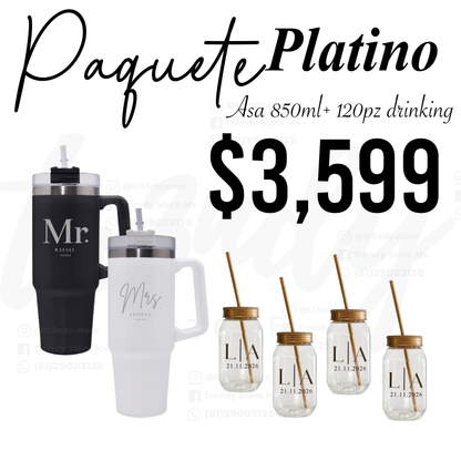 Paquete de Boda 120 Invitados | Vasos drinking 600ml con Popote + Termos de Novios Asa 870ml
