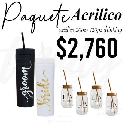 Paquete de Boda 120 Invitados | Vasos drinking 600ml con Popote + Vaso de Novios Skinny 20oz Acrilico