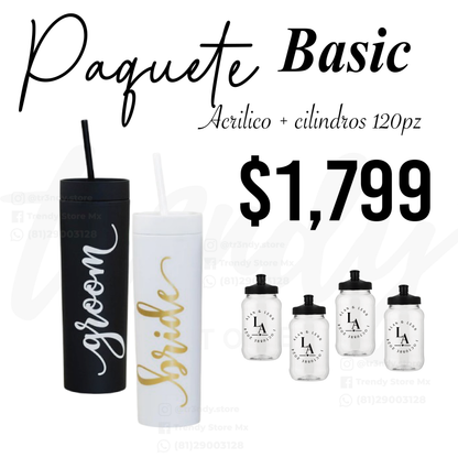 Paquete de boda skinny acrilico 120 invitados + vasos de novios 20oz acrilico