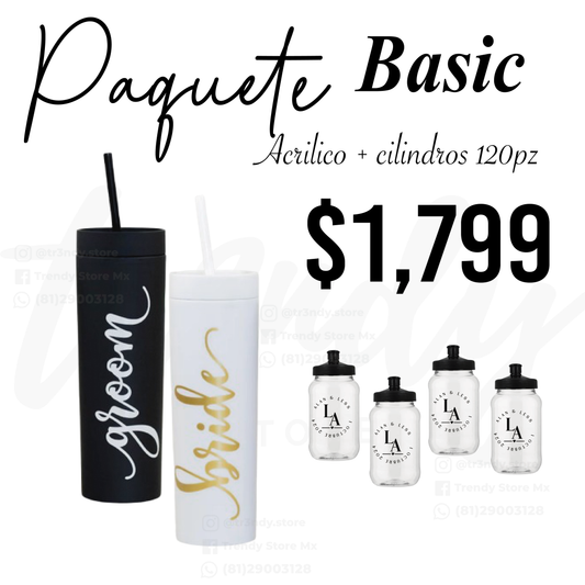 Paquete de boda skinny acrilico 120 invitados + vasos de novios 20oz acrilico