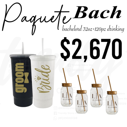 Paquete de Boda 120 Invitados | Vasos drinking 600ml con Popote + Vaso de Novios Bachelord 32oz