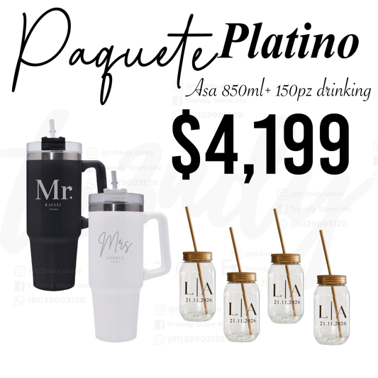 Paquete de Boda 150 Invitados | Vasos drinking 600ml con Popote + Termos de Novios Asa 870ml