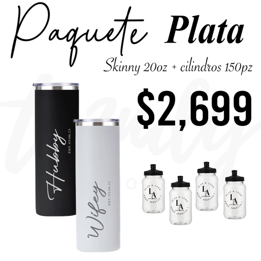 Paquete de boda 150 invitados + vasos de novios skinny 20oz acero grabado láser