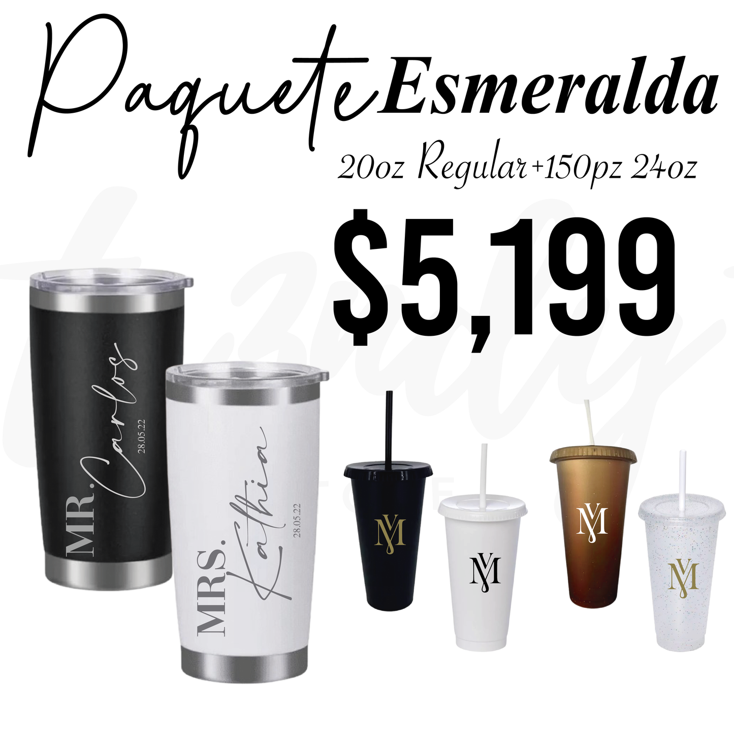 Paquete de Boda 150 Invitados | Vasos 24oz con Popote + Termos de Novios 20oz Acero (Copia)