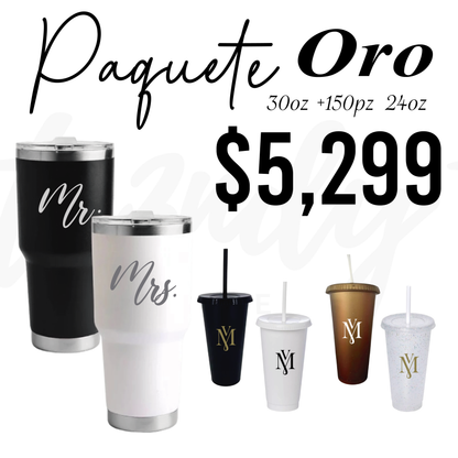 Paquete de Boda 150 Invitados | Vasos 24oz con Popote + Termos de Novios 30oz Acero