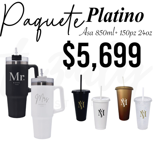 Paquete de Boda 150 Invitados | Vasos 24oz con Popote + Termos de Novios Asa 870ml