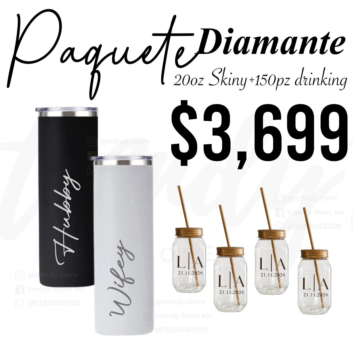 Paquete de Boda 150 Invitados | Vasos drinking 600ml con Popote + Termos de Novios Skinny 20oz Acero