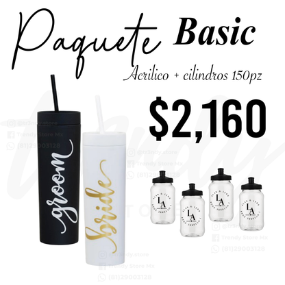 Paquete de boda skinny acrilico 150 invitados + vasos de novios 20oz acrilico