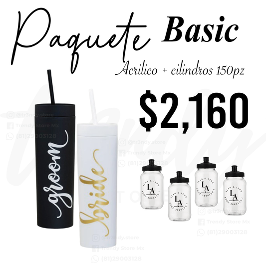 Paquete de boda skinny acrilico 150 invitados + vasos de novios 20oz acrilico