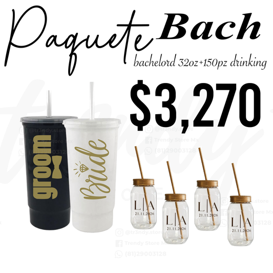 Paquete de Boda 150 Invitados | Vasos drinking 600ml con Popote + Vaso de Novios Bachelord 32oz