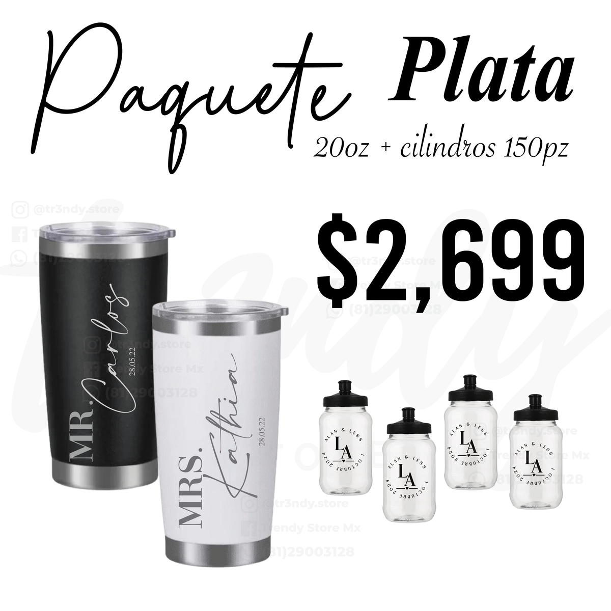 Paquete de boda  150 invitados + vasos de novios 20oz acero con grabado láser