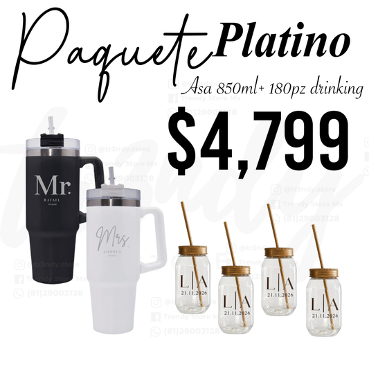 Paquete de Boda 180 Invitados | Vasos drinking 600ml con Popote + Termos de Novios Asa 870ml