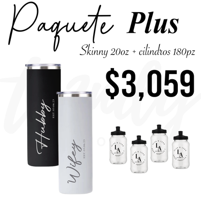 Paquete de boda 180 invitados + vasos de novios skinny 20oz acero grabado láser