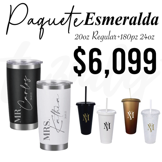 Paquete de Boda 180 Invitados | Vasos 24oz con Popote + Termos de Novios 20oz Acero
